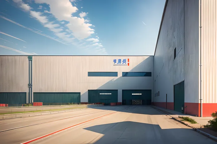 There is a large building， introduction factory photo, factory, detailed factory, Factory background, Location shooting, Taoist, building facing, industrial factory, wide angle exterior 2022, jinyiwei, full building, view from ground, warehouses, allure