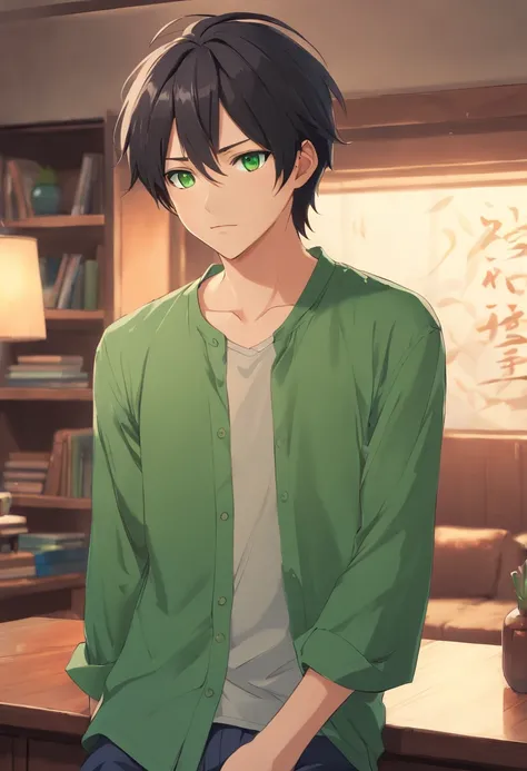 fair complexion, man around 20 years old, no beard, natural black hair, distinctive green eyes, wearing blouse, average looking, japanese living room setting, ultra sharp focus, realistic shot, casual clothes, tetradic colors (scar:1.4)