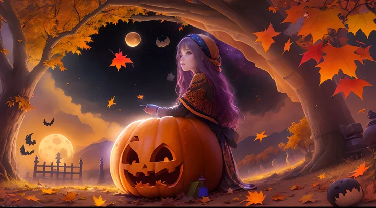 A girl in a pumpkin-shaped costume,ssmile,Clothing ideas,Vibrant colors, Surreal, (Autumn leaves), glittering stars,(Enchanting Moon),(A path leading to the Kasbah),dark palette,Subtle orange and red,grave stones,mystical aura,(Remote location),(the bats:1...