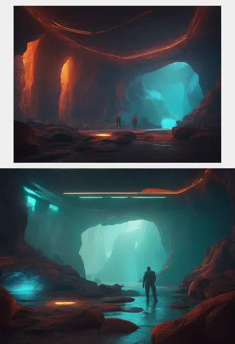 Cave cave interior scene, horizontal scene, game sideboard scene, retro cyberpunk style, steam age, parallel perspective, cyberpunk, lava cave scene, heads-up, retro