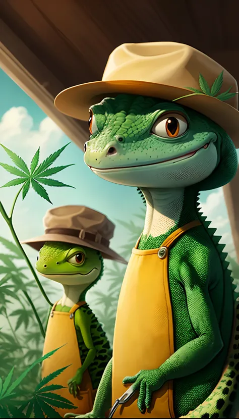 Gecko, cartoon character in farmer hat with pruning shears in hand, with various marijuana plants around