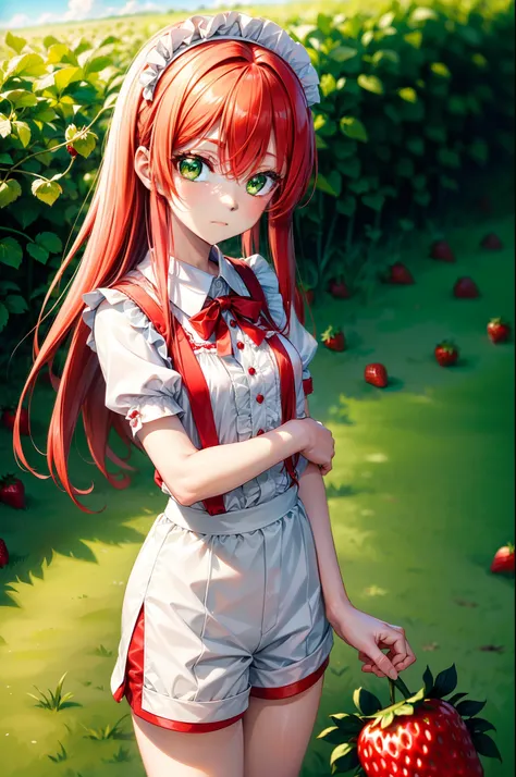 (Best Quality,highres,1girll ,Red hair is long,green eyes,short and slim body;,Wear a white shirt and shorts,(shy expression),Strawberry field, Kotori Itsuka, maid)