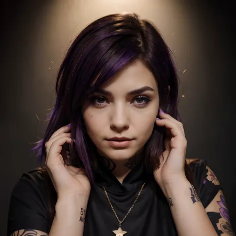 brown and purple hair, purple and black eyes, hands with stars and tattoos