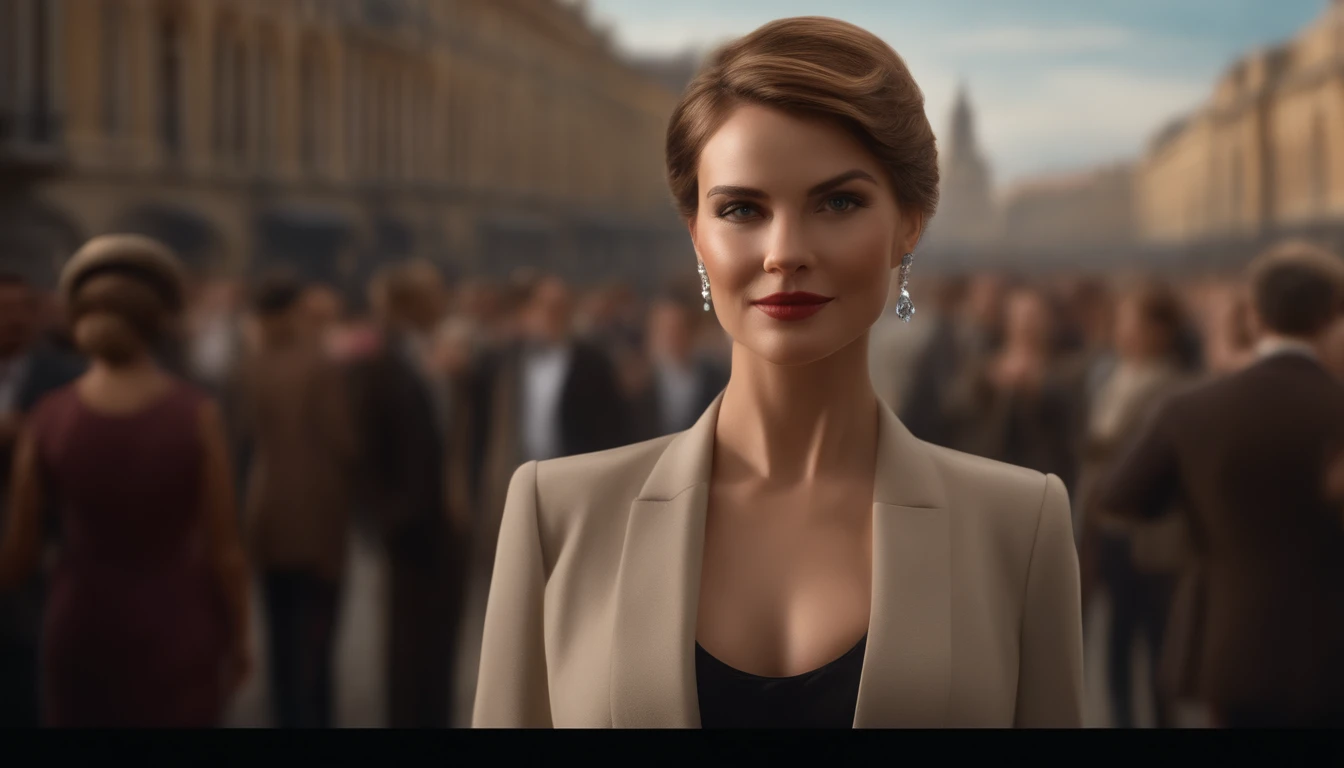 (best quality,4k,8k,highres,masterpiece:1.2),ultra-detailed,(realistic,photorealistic,photo-realistic:1.37),HDR,UHD,studio lighting,extreme detail description,professional,vivid colors,portraits

A handsome woman, short light brown short hair, wearing a de...