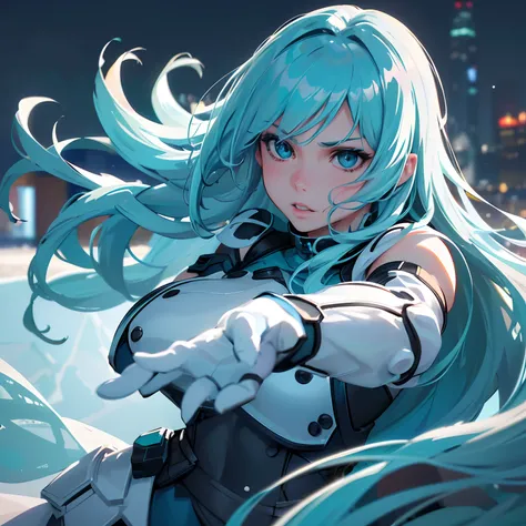 (best quality,4k,highres),(realistic,photo-realistic:1.37),HDR,UHD,professional,vivid colors,
white girl,beautiful detailed eyes,beautiful detailed lips,long teal hair,blue and white revealing clothing,white combat gloves,ice powers,fighting in a city,comb...