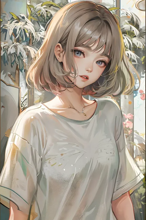 Absurdres, Masterpiece, Best quality, light colors, korean girl from webtoon with Beautiful face , beautiful short bob hair , a character from kdrama, anime eyes, semi casual clothes, masterpiece background, detailed background