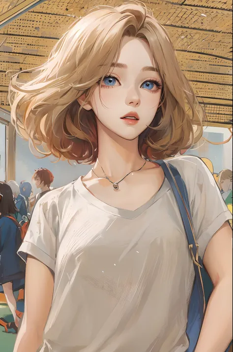 Absurdres, Masterpiece, Best quality, light colors, korean girl from webtoon with Beautiful face , beautiful short bob hair , a character from kdrama, anime eyes, semi casual clothes, masterpiece background, detailed background