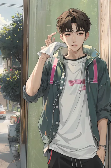 Absurdres masterpiece HDR high quality Picture a young handsome Korean boy from webtoon with warm and friendly features wearing a simple and comfortable casual outfit. He sports a clean, fresh haircut that accentuates his natural good looks, and a smirking...