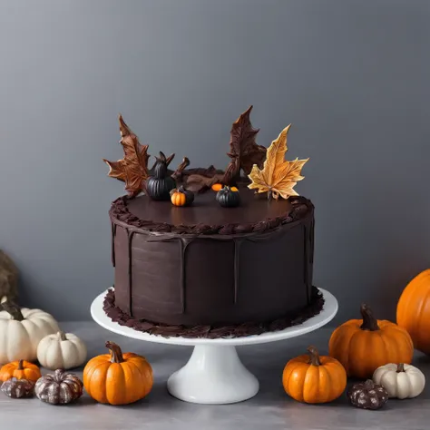 A Halloween-themed pumpkin-shaped cake.Beautifully decorated,Looks delicious,(Detailed icing), a lit candle, Spooky and seductive, (Autumn leaves), Warm and comfortable atmosphere, (Haunted house decoration), Chocolate ganache, Spooky fudge accessories, (C...