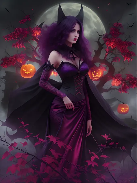 halloween night，Red Moon，the bats，Strange branches，A woman in a black dress stands in front of the castle，Holding a pumpkin in his hand, The terrible Black Autumn Princess, Dark Gothic Girl, beautiful vampire queen, beautiful vampire queen, Gothic girl, go...