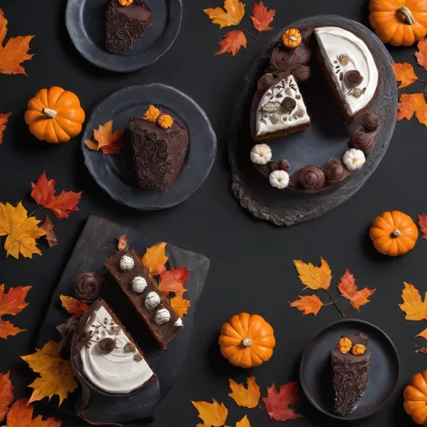 A pumpkin cake.halloween theme,Beautifully decorated,Looks delicious,(Detailed icing), a lit candle, Spooky and seductive, (Autumn leaves), Warm and comfortable atmosphere, (Haunted house decoration), Chocolate ganache, Spooky fudge accessories, (Creative ...