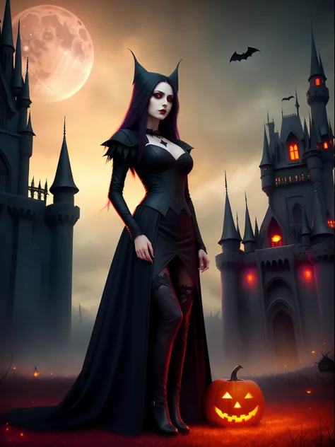 halloween night，Red Moon，the bats，Strange branches，A woman in a black dress stands in front of the castle，Holding a pumpkin in his hand, The terrible Black Autumn Princess, Dark Gothic Girl, beautiful vampire queen, beautiful vampire queen, Gothic girl, go...