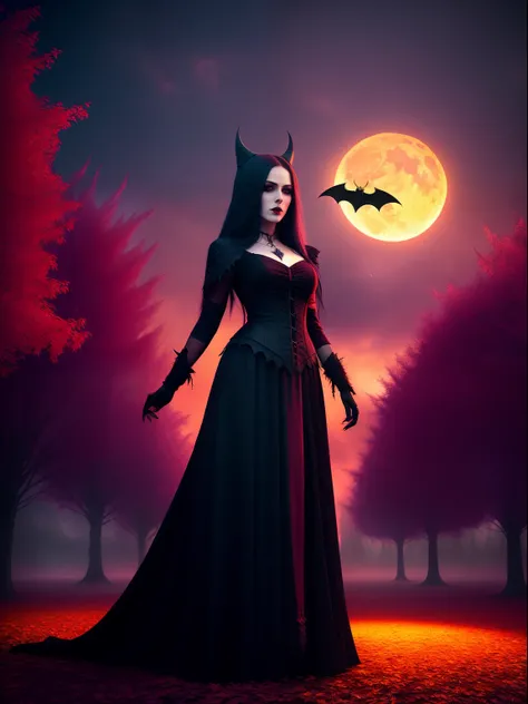 halloween night，Red Moon，the bats，Strange branches，A woman in a black dress stands in front of the castle，Holding a pumpkin in his hand, The terrible Black Autumn Princess, Dark Gothic Girl, beautiful vampire queen, beautiful vampire queen, Gothic girl, go...