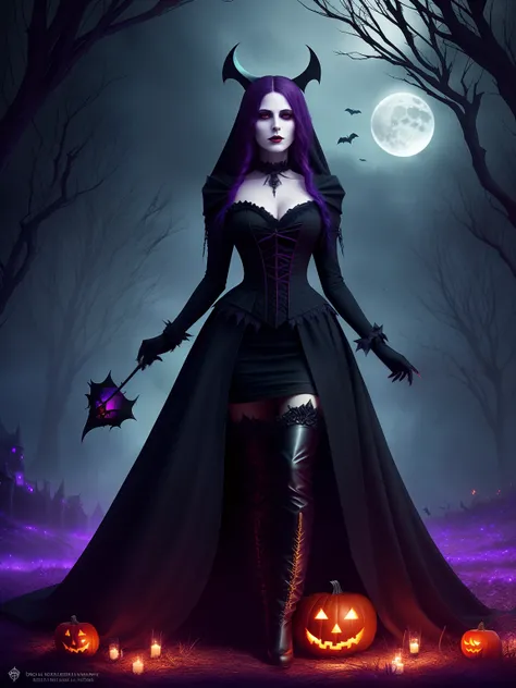 halloween night，Big breasts and big breasts ，Red Moon，the bats，Strange branches，A woman in a black dress stands in front of the castle，Holding a pumpkin in his hand, lovely dark autumn princess, Dark Gothic Girl, beautiful vampire queen, Gothic girl, gothi...