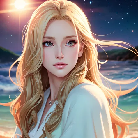 CG anime-style illustration of a mature and cool woman with highly glossy and realistic blonde wavy hair on a star-filled beach at night. Her eyes are noticeably larger, adding to her enchanting presence. Shes dressed in white wizard attire, casting ice ma...