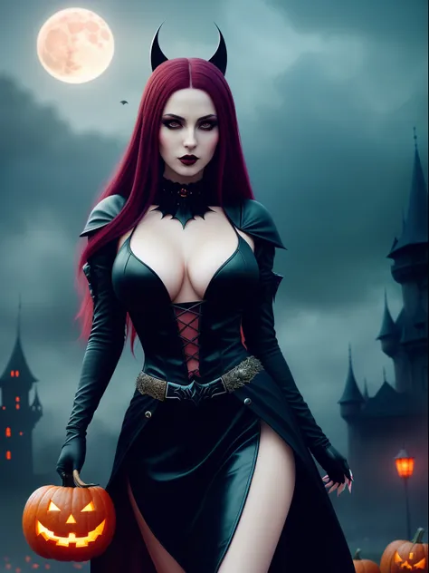 halloween night，Red Moon，the bats，A woman in a black dress stands in front of the castle，Holding a pumpkin in his hand, Terrible black autumn princess, Dark Gothic Girl, beautiful vampire queen, beautiful vampire queen, Gothic girl, gothic fantasy art, dar...