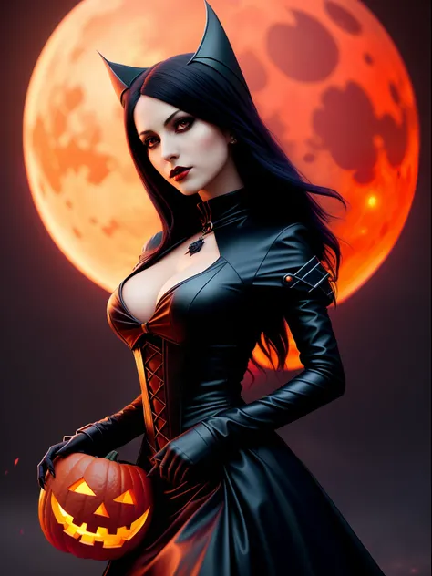 halloween night，Red Moon，the bats，A woman in a black dress stands in front of the castle，Holding a pumpkin in his hand, Terrible black autumn princess, Dark Gothic Girl, beautiful vampire queen, beautiful vampire queen, Gothic girl, gothic fantasy art, dar...