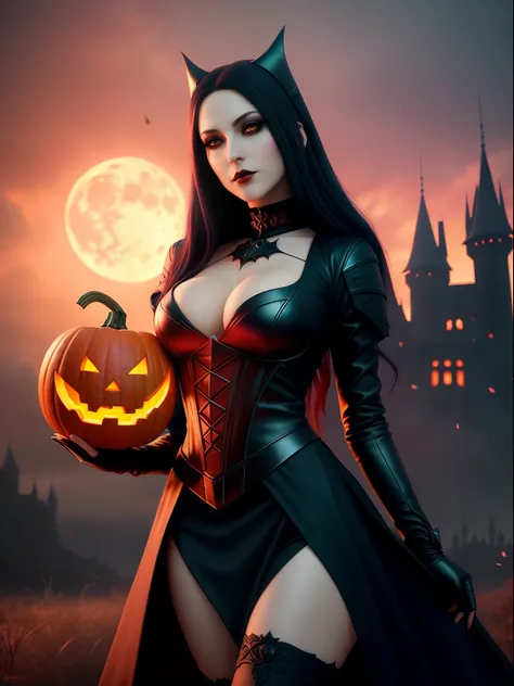 halloween night，Red Moon，the bats，A woman in a black dress stands in front of the castle，Holding a pumpkin in his hand, Terrible black autumn princess, Dark Gothic Girl, beautiful vampire queen, beautiful vampire queen, Gothic girl, gothic fantasy art, dar...