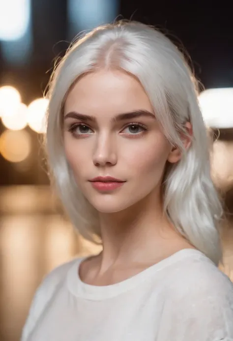 Theres a woman with white hair and street clothes posing, Modelo feminina de 24 anos, menina do cabelo prateado, menina com cabelo branco, Posando, menina com cabelo branco curto, comendo um hamburguer, In the light of a building, it is night time, Ultra s...