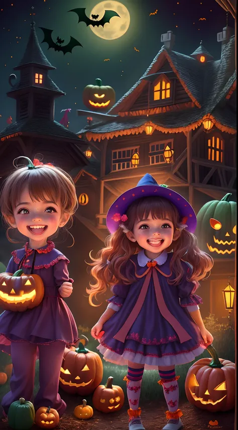 (Detailed,A high resolution) Kids in Halloween costumes, Play and have fun. They wear meticulous and creative costumes，vibrant with colors，Complex design. There is an eerie atmosphere, The surrounding light is dim，The full moon shines in the night sky. Pum...