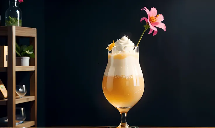 hay un vaso de leche con una flor, vaso de leche, Soja, leche Soey, Cocktail in engraved glass, Detalles exquisitos y suaves, Photography of commercial products, por Etienne Delessert, Beban trillados juntos, leche que fluye, Prestados, trillado, sake, Tir...