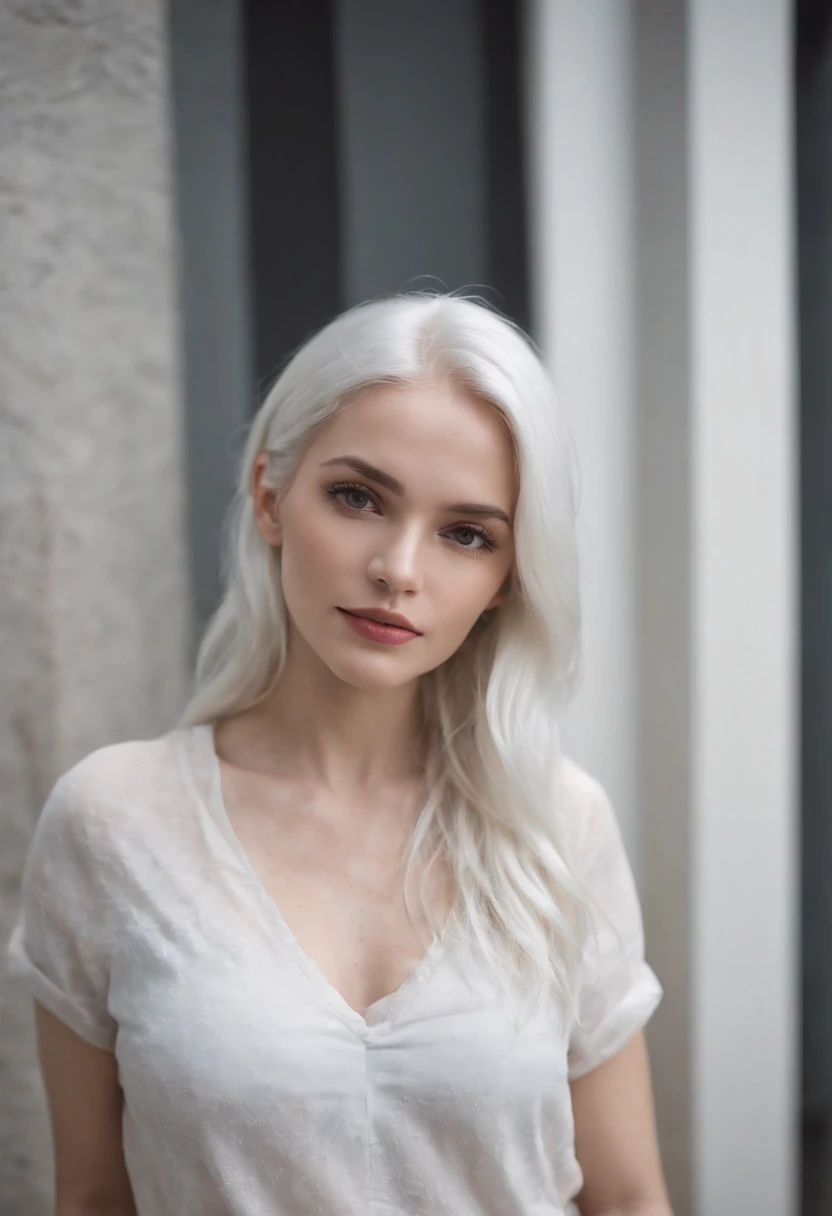 Theres a woman with white hair and street clothes posing, sorrindo, corpo inteiro, Modelo feminina de 24 anos, menina do cabelo prateado, menina com cabelo branco, Posando, menina com cabelo branco curto, In the light of a building, it is night time, Ultra...