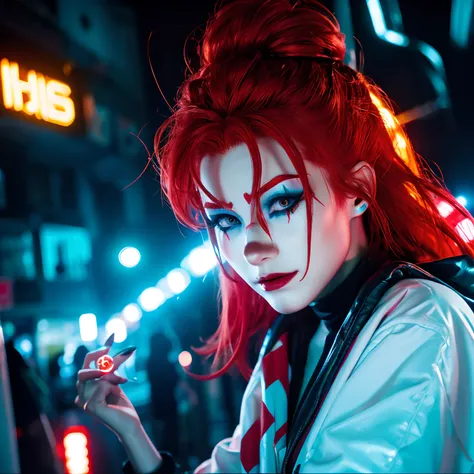 cyberpunked、neons、Female clown、red hairs、Holding a syringe in your hand