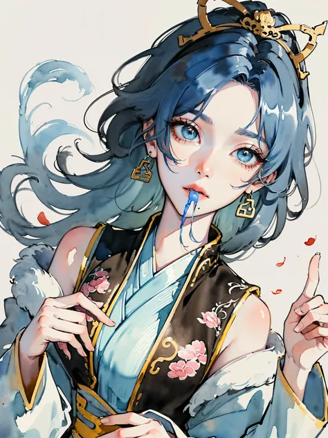 (((((((Chinese ink painting，watercolor paiting，ancient chinese costume,princess shoulders knots,very long sleeves,creamy blue hair,fur cuffs,fingers from mouth,mouth drool，brown vest)))))))，((1lady,adorable korean mixed race of Saudi Arabia girl，rosto magr...