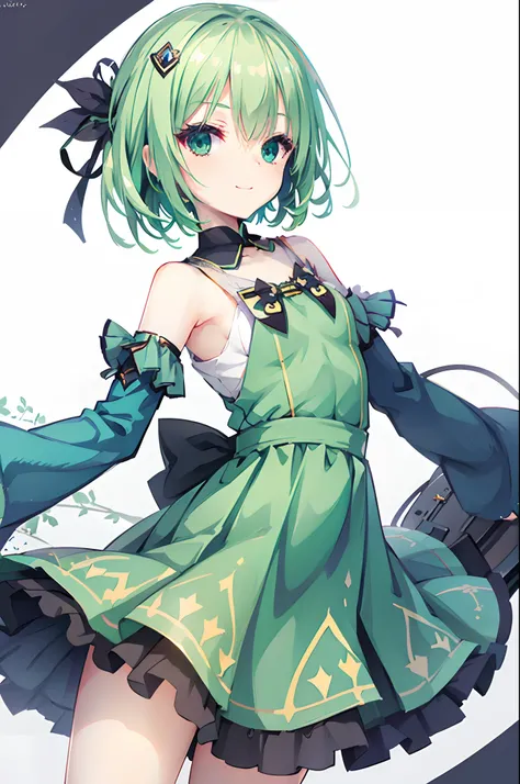 ​masterpiece,hight resolution,tiny girl,magical girl costume,Detached sleeves,evil smile,short green hair,hair adornments,Heterochromia,White background,Top image quality,Best Quality