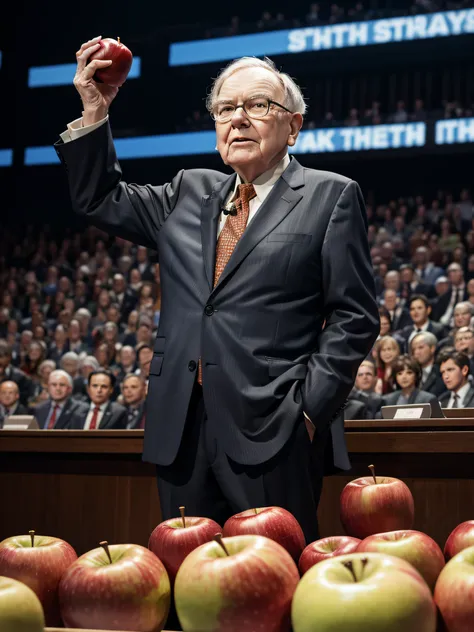 Warren Buffett standing on a stage. Behind him there is a stock chart that is going down. He holds up an apple.