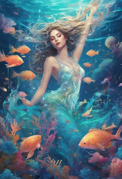 (best quality,4k,highres,masterpiece:1.2),ultra-detailed,(realistic,photorealistic,photo-realistic:1.37),female water elemental,water flesh,water composition,coral surroundings,iridescent colors,aqua lighting,fantasy style,surreal,ethereal,reflection,flowi...