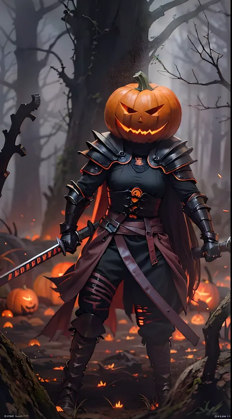 (Best quality,4K,A high resolution,Masterpiece:1.2),Ultra-detailed,Realistic,Fearsome pumpkin-headed warriors,Halloween costumes,Glowing orange eyes,Sharp,pointy teeth,Black armor carved with a pumpkin pattern,smoke-filled battlefield,Moonlit Night,ominous...