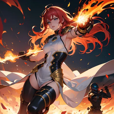 (best quality,4k,highres,masterpiece:1.2),ultra-detailed,realistic girl in a combat situation with fire powers,white girl wearing revealing combat clothing,burning flames enveloping her hands and hair,aggressive stance,fiery intensity,combat-ready,beautifu...