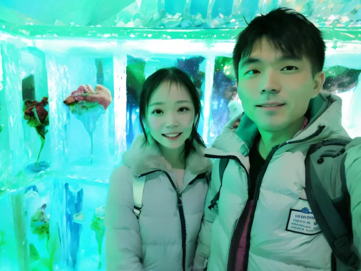 they pose for photos in front of the glass wall, in an igloo, ruan jia and fenghua zhong, in an icy cavern, cold as ice! 🧊, made...