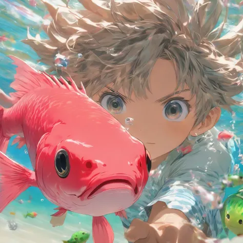 (Best Quality,4K,8K,hight resolution,masutepiece:1.2),Ultra-detailed, Inside the glass case、It contains a cute pink fish and one swimming frog，with short gray hair,，A gentle breeze cracks the lid，A little boy is holding a glass cover in his hand，Leaning yo...