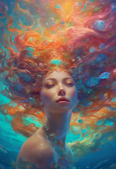 (best quality,4k,highres,masterpiece:1.2),ultra-detailed,(realistic,photorealistic,photo-realistic:1.37),female water elemental,water flesh,water composition,coral surroundings,iridescent colors,aqua lighting,fantasy style,surreal,ethereal,reflection,flowi...