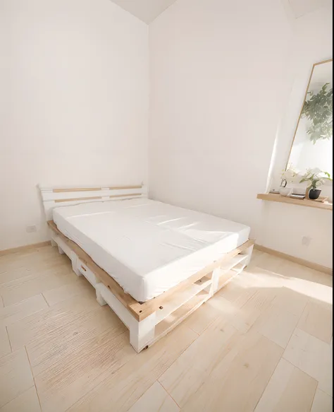 white bed, white mattress, white wallpaper