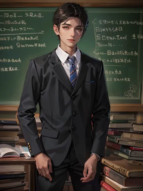 Young male teacher, Dress neatly, Professional clothing, Well organized impression, youthfulenergy, Smooth skin, Bright eyes, Gentle and confident expression, Straight waist, Tall and confident, An air of tenacity and determination, Determined gaze, ssmile...