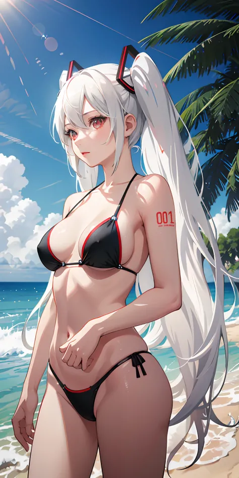 Absurdres masterpiece HDR high quality picture of realistic, 1girl, white hair, red eyes, hatsune miku, bikini, beach, light particles, light rays, wallpaper,