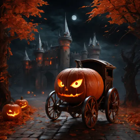 Retro futuristic pumpkin cart, Complex metal products, Gorgeous wooden wheels,Whimsical steam power mechanism, Complex clockwork design, Finely crafted leather seats, Aging rusty gears,(Remote location),retro-futuristic, Vibrant colors, Surreal, Otherworld...