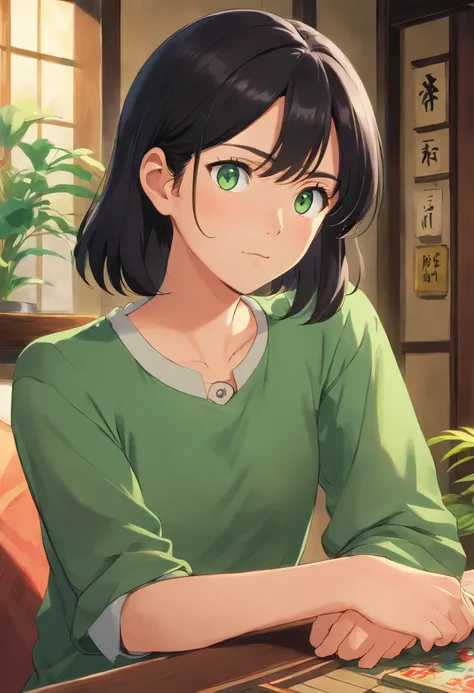 man around 20 years old, no beard, natural black hair, distinctive green eyes, wearing blouse, average looking, japanese living room setting, ultra sharp focus, realistic shot, casual clothes