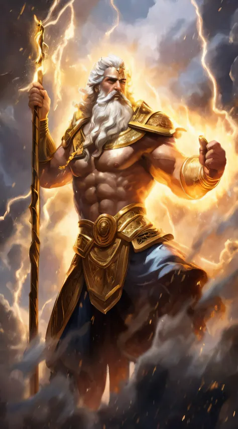 a painting of a man with a long beard holding a staff, furious god zeus, the god zeus, epic scene of zeus, painted portrait of rugged zeus, legendary god holding spear, the god poseidon, portrait of greek god ares, portrait zeus, ancient blacksmith god, po...