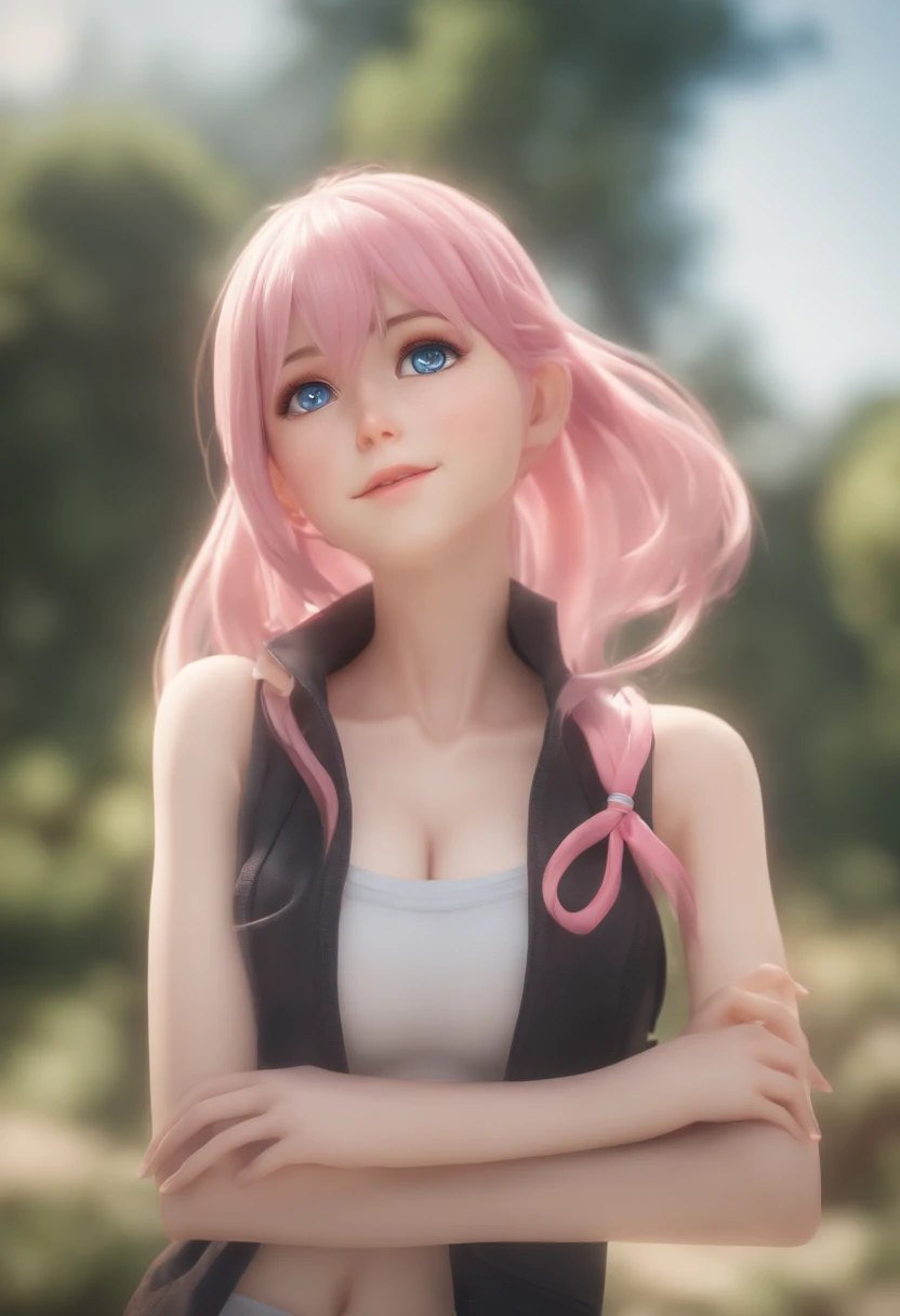 Nude anime girl (with pink hair and blue eyes wearing a vest, render of april, sayori, close up iwakura lain, 8k portrait render, render of a cute 3d anime girl, photorealistic anime girl render, smooth anime cg art, close up of a young anime girl, anime v...