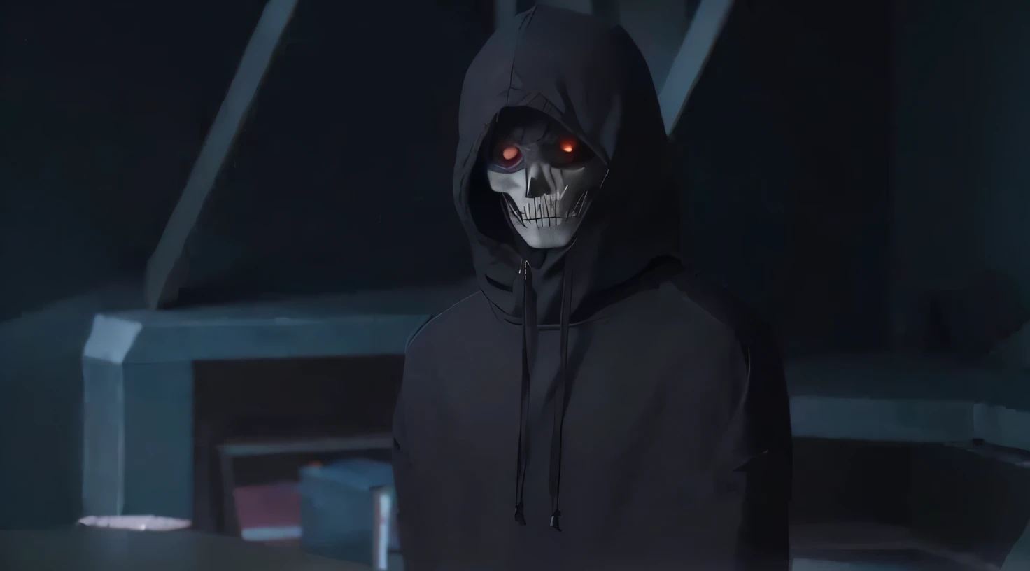 Skeleton mask, red eyes, wearing a black hoodie, looking at the camera creepyly, realistic