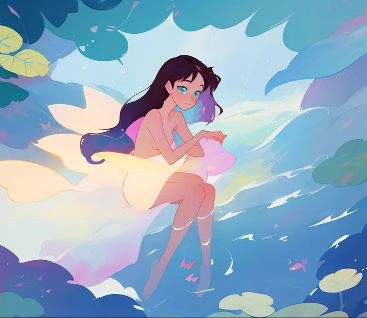 beautiful nude girl covered by seafoam, long dark hair, beautiful girl sitting in the water, private areas covered by seafoam, water nymph, water fairy, watercolor illustration, inspired by Glen Keane, inspired by Lois van Baarle, disney art style, by Lois...