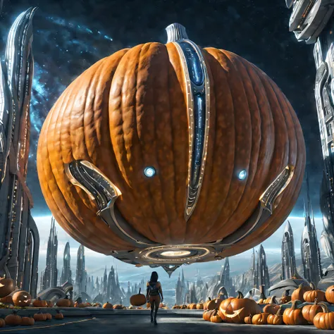 Pumpkin-shaped spaceship,illustration,metal surfaces,Glowing lights,Futuristic city,Night sky,Alien civilization,alien creatures,Sharp edges,flying saucer,Powerful engine,Hovering in the air,mind-blowing views,Ominous,Awe-inspiring,Otherworldly,Ethereal,bi...