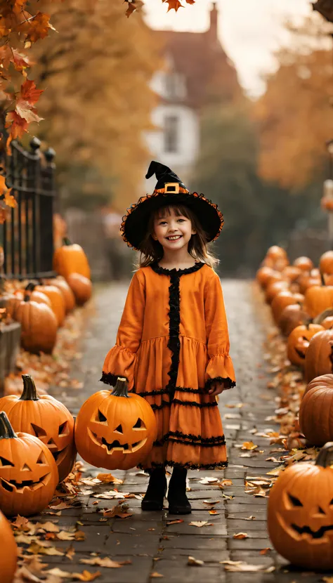 (best quality,4k,8k,highres,masterpiece:1.2),ultra-detailed,(realistic,photorealistic,photo-realistic:1.37),Halloween,a girl dressed in a pumpkin-shaped costume,trick-or-treating,autumn leaves,funny and mischievous,playful children,spooky atmosphere,lit ja...