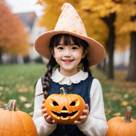 (Best quality,4K,8K,A high resolution,Masterpiece:1.2),Ultra-detailed,(Realistic,Photorealistic,photo-realistic:1.37),Halloween,A girl in a pumpkin-shaped costume,Trick or treat without sugar,Autumn leaves,Funny and mischievous,Naughty kids,Spooky atmosphe...