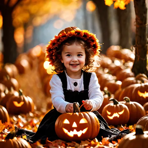 (Best quality,4K,8K,A high resolution,Masterpiece:1.2),Ultra-detailed,(Realistic,Photorealistic,photo-realistic:1.37),Halloween,A girl in a pumpkin-shaped costume,Trick or treat without sugar,Autumn leaves,Funny and mischievous,Naughty kids,Spooky atmosphe...