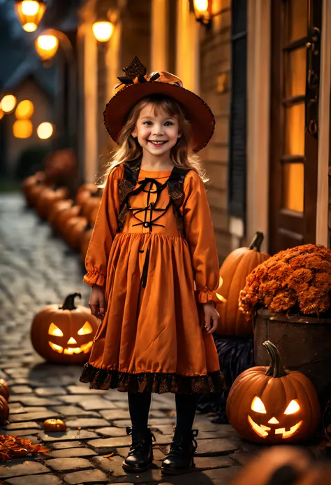 (Best quality,4K,8K,A high resolution,Masterpiece:1.2),Ultra-detailed,(Realistic,Photorealistic,photo-realistic:1.37),Halloween,A girl in a pumpkin-shaped costume,Trick or treat without sugar,Autumn leaves,Funny and mischievous,Naughty kids,Spooky atmosphe...